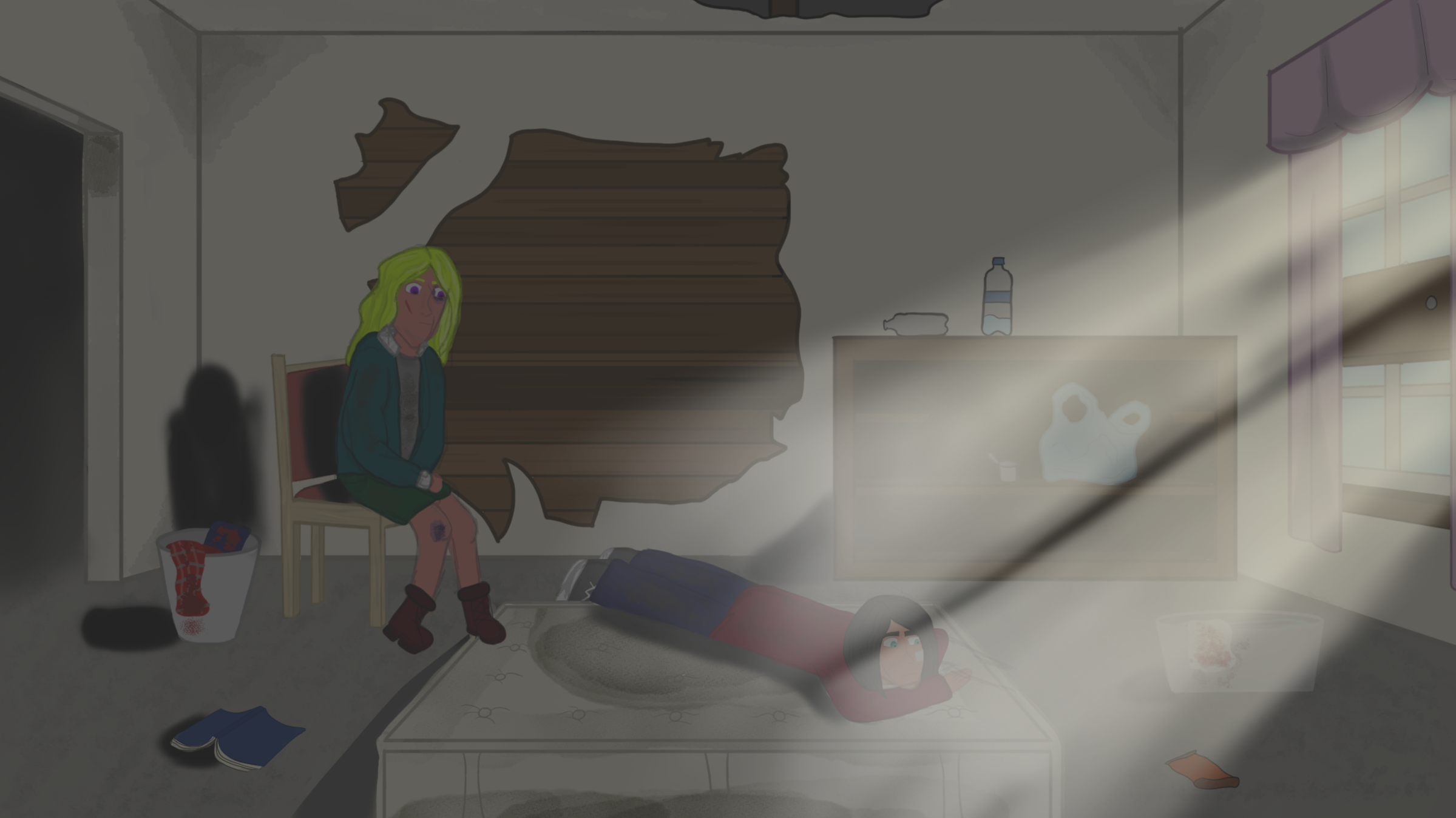 Ponyboy and Johnny hiding from the law in an abandoned building.