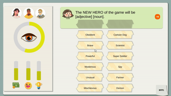 Final version of the brainstorm minigame. Feedback from characters is immediately given once words are placed.
